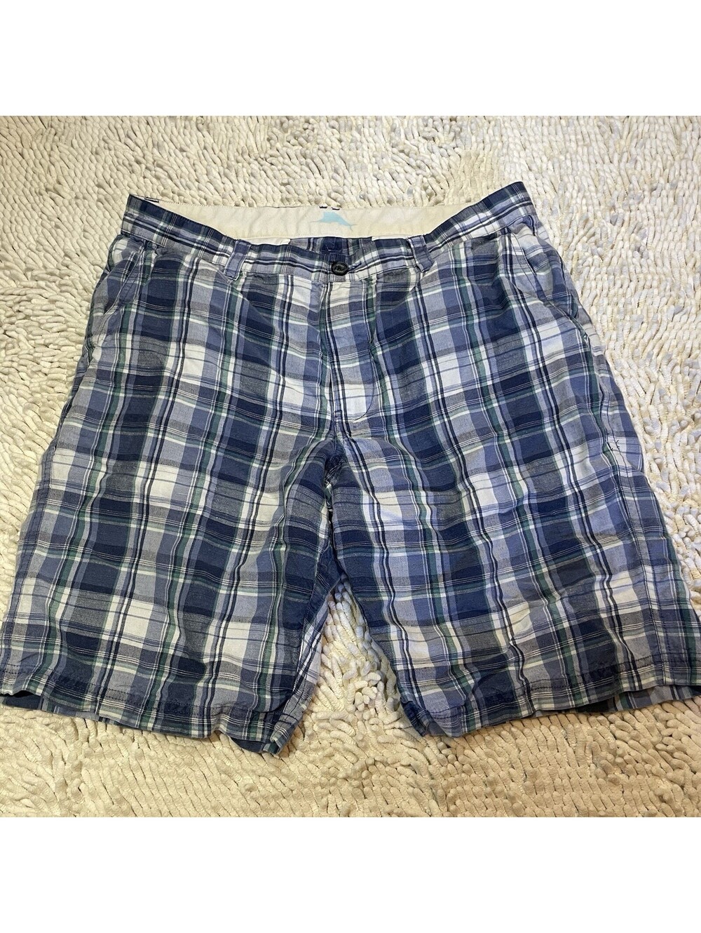 Tommy Bahama Shorts Mens 34 Blue White Plaid Madras Flat Front Cotton Casual
